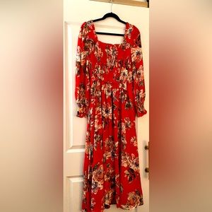 Chealsea-28 red floral with flattering ruching detail on bodice and cuffs